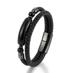 Vintage men's double-layered black braided leather bracelet with magnetic clasp and beads