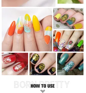 Collage showing various nail art designs with colorful stamping polishes and patterns