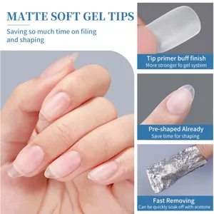 Detail view of matte soft gel nail tips showing application and easy removal process.