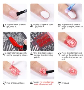 Step-by-step nail stamping tutorial showing how to apply intricate red patterns