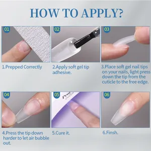 Step-by-step guide showing how to apply almond-shaped frosted soft gel nail tips
