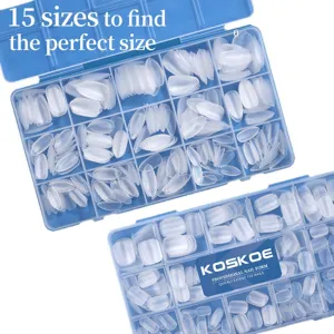 300pcs frosted ultra-thin almond full cover false nail tips in a blue organizer box