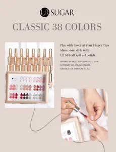 Gros plan de l'application de vernis gel jelly UR SUGAR 15ml et nuancier 38 couleurs.