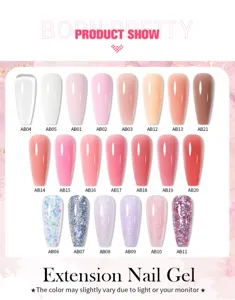 Detailed color palette of BORN PRETTY extension nail gel with 21 different shades.
