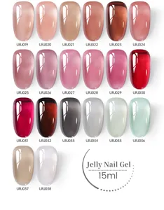 Nuancier de 20 teintes de gel à ongles jelly en flacons de 15 ml au fini translucide.