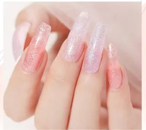 Close-up of glittering pink nail extension gel for professional manicure results