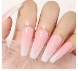 Detail view of elegant long coffin nails with pink and white ombré French V-tip design.