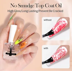 Detailed comparison of Born Pretty no smudge top coat effect on floral nail art.