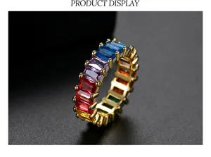 Close-up of rainbow baguette zircon ring with vibrant multi-color gemstones.