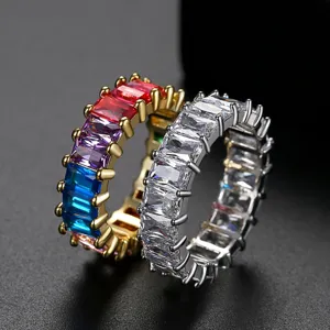 Elegant rainbow and clear baguette cut zircon rings for women in hip-hop jewelry style