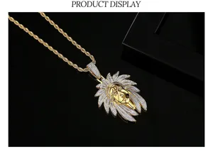 Detailed view of hip-hop necklace with iced out Native American chief head pendant