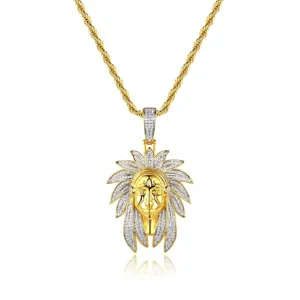 Hip Hop Brass Zirconia Indian Chief Head Pendant Necklace For Men Gold Plated Rope Chain Rap Jewelry Accessories