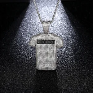 Collier pendentif T-shirt argenté hip hop avec zircons micro-pave blancs et noirs