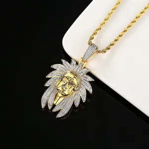Hip hop iced out Indian chief head pendant necklace with gold rope chain for men