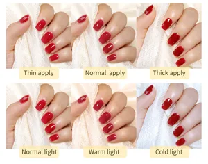 Comparison of red nail gel effects under different lighting and application thicknesses.