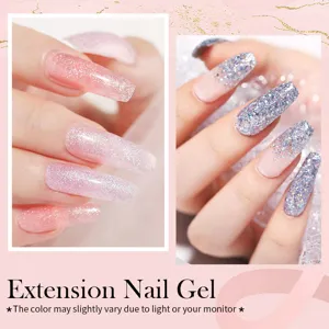 Glitter extension nail gel showing professional pink and silver sparkling manicure results