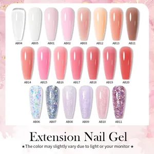 Professional extension nail gel color chart featuring 21 shades of nude, pink, and glitter.