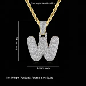Cadena de oro hip hop con colgante letra W de circón micro-pavé, medidas detalladas
