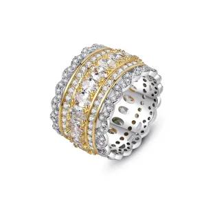 Hip Hop Street Style Wide Zirconia Ring For Men Women Two Tone Copper Full Diamond Geometric Individual Band Ring Jewelry Gift