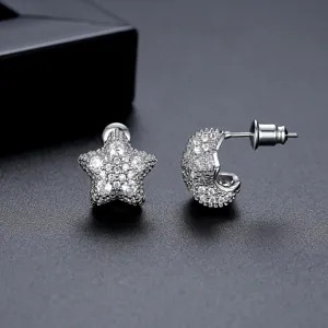Elegant silver star and moon stud earrings with sparkling pave zircons for women