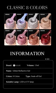 Dettaglio che mostra 8 colori di gel riflettente glitterato con specifiche e marchio