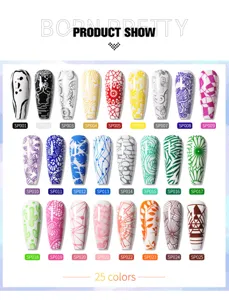 Paleta de 25 vibrantes colores de esmalte de uñas con intrincados patrones florales y geométricos.
