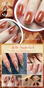 Viste dettagliate di vari stili di nail art con gel gelatina trasparente ambra e nude