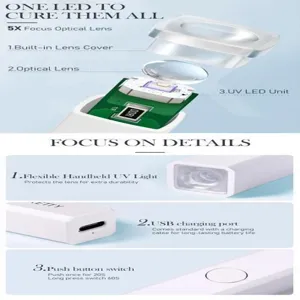 Detalle de lámpara UV portátil para uñas con lente óptica 5X y puerto de carga USB