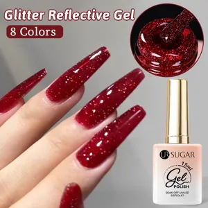 Dettaglio macro dello smalto gel riflettente rosso glitterato con flacone da 15ml