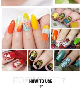 Collage detallado que muestra varios patrones de arte de uñas DIY con esmalte de uñas para sello