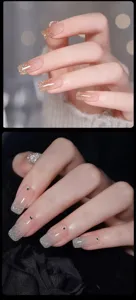 Dettaglio della nail art con gel glitterato olografico sfumato in argento e oro.