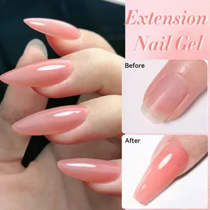Rosa Nagelverlängerungsgel auf langen Mandel-Nägeln mit Vorher-Nachher-Effekt