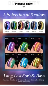 Close-up of 6 shades of BORN PRETTY 9D magnetic cat eye gel nail polish on black base