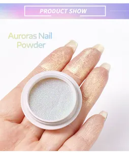 Detailed macro view of iridescent aurora nail powder showing high-gloss finish