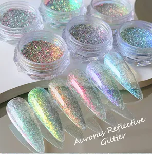 Close-up of iridescent reflective nail glitter powder for professional nail art designs