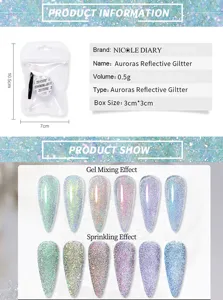 Detail view of Auroras reflective glitter powder showing packaging and application effects