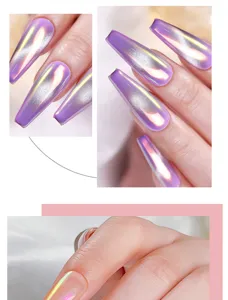 Close-up of purple aurora moonlight nail powder with high-gloss iridescent finish.