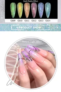 Detail view of reflective nail glitter powder showing dark flashy and natural light effects
