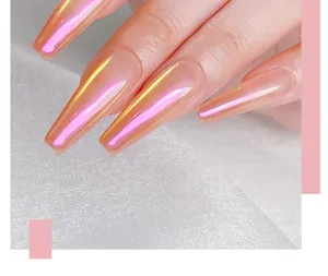 Detailed view of iridescent aurora nail powder with high-shine pink shimmer finish