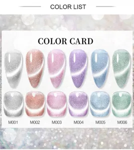 Kleurstalen van sprankelende cat eye gel nagellak in zes tinten van M001 tot M006
