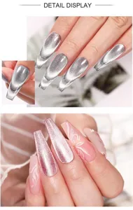 Close-up van kristal katteoog nagellak met aurora glitter effect op lange nagels