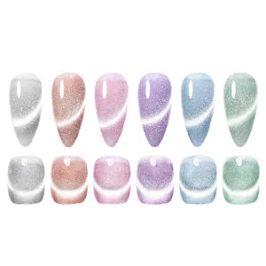 Professionele set van zes sprankelende kattenoog nagellakkleuren met glinsterend aurora-effect
