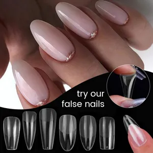 Ultra-thin transparent false nail tips in various shapes for professional manicure