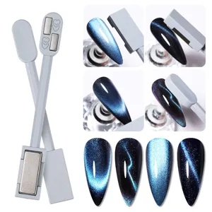 Detailed view of double-headed nail magnet tool creating various cat eye gel effects