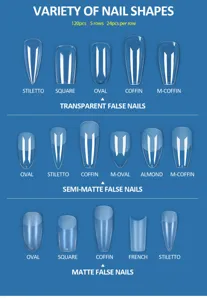 Tabla que muestra formas de uñas postizas transparentes, semi-mate y mate variadas.