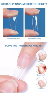 Uñas postizas transparentes ultrafinas que muestran flexibilidad y soluciones para uñas.