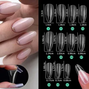 Detailed size chart for clear ultra-thin almond-shaped press-on nail tips showing 11 sizes.