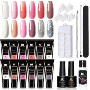 Vista dettagliata del kit gel per estensione unghie Née Jolie con 12 colori