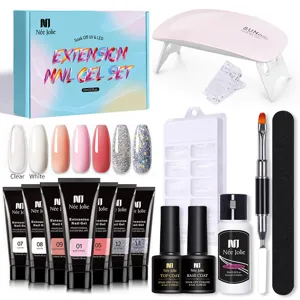 Dettaglio completo del kit gel per extension unghie da 15 ml con mini lampada UV e strumenti