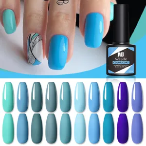 Professional nail gel polish kit in various blue and purple shades with matte and glossy finish.